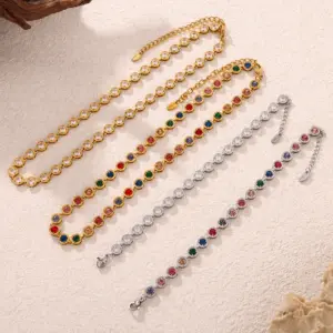 Wholesale 304 Stainless Steel Geometric PVD Coated Zircon Real Gold Plated Glam Luxurious Vacation Waterproof Non Tarnish Plating Inlay Jewelry Set
