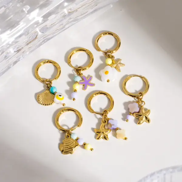 PVD Coated Real Gold Plated Starfish Flower Shell 304 Stainless Steel Marine Style Waterproof Non Tarnish Charm Sleeper Hoop Earrings Drop Earrings