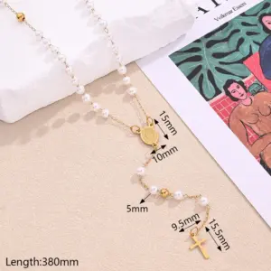 Cross Virgin Oval Acrylic Pearl Necklace (Gold) / Length: 380mm / 1 Strand/Package