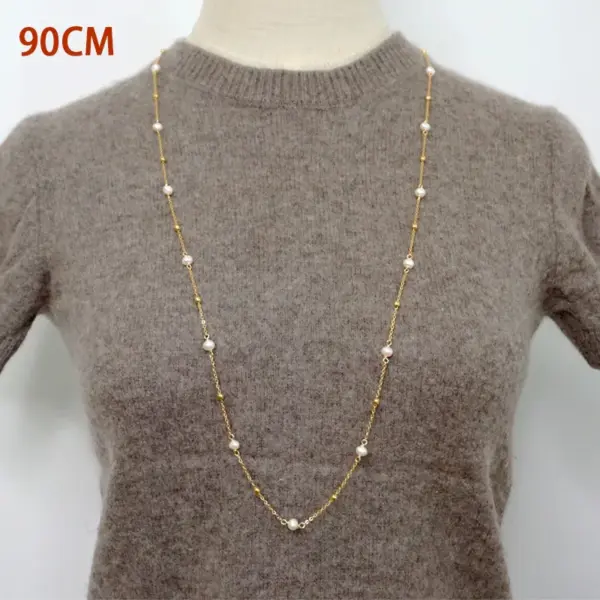 Wholesale Freshwater Pearl Ferroalloy Round Vacuum Plating Gold Plated Simple Style Classic Style Waterproof Non Tarnish Beaded Plating Gold Sweater Chain Long Necklace