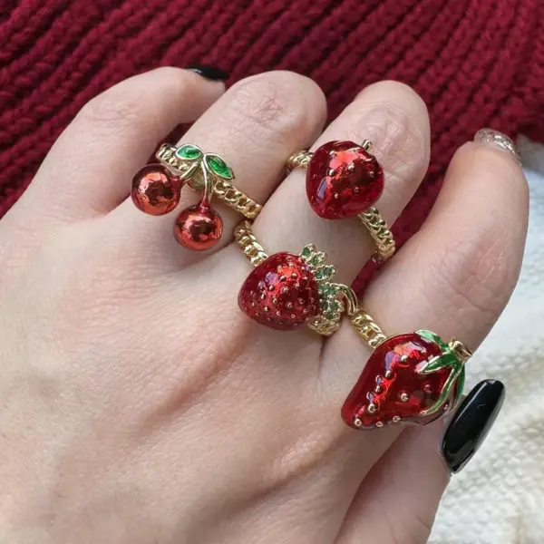 Wholesale Jewelry Cute Vintage Style Cherry Strawberry Brass Zircon 18K Gold Plated Open Rings