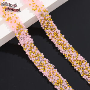3 light pink rice beads + pointed golden rhinestones / 1.5cm double-layer hot melt adhesive rice beads rhinestone hot drill strip
