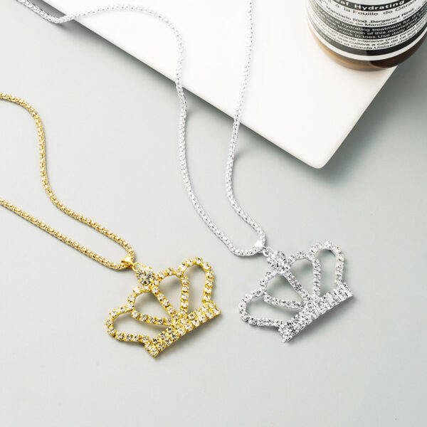 Wholesale European and American fashion all-match full diamond crown hollow lady pendant necklace long diamond sweater chain cross-border supply