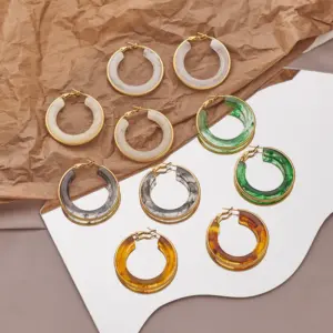 Wholesale 1 Pair Retro Exaggerated Circle Round Plating 304 Stainless Steel Arylic Resin 18K Gold Plated Hoop Earrings