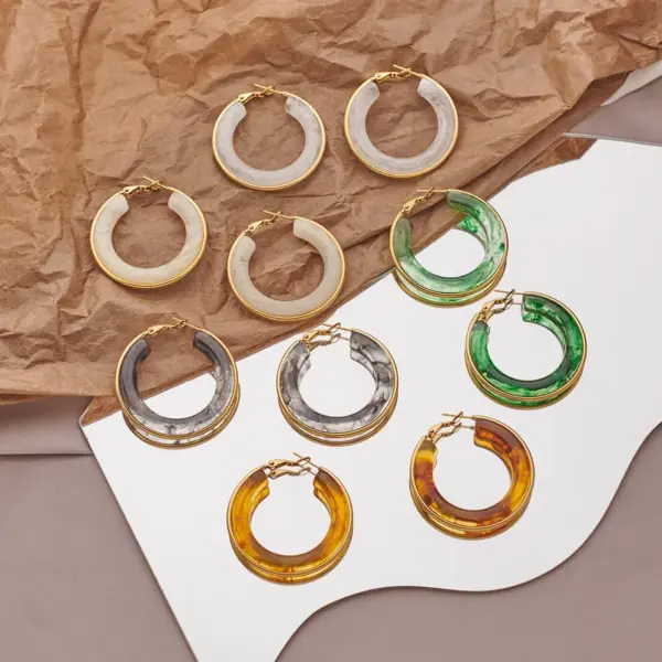 Wholesale 1 Pair Retro Exaggerated Circle Round Plating 304 Stainless Steel Arylic Resin 18K Gold Plated Hoop Earrings
