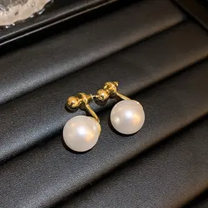 Real Gold Plated Silver Needle round Pearl Stud Earrings