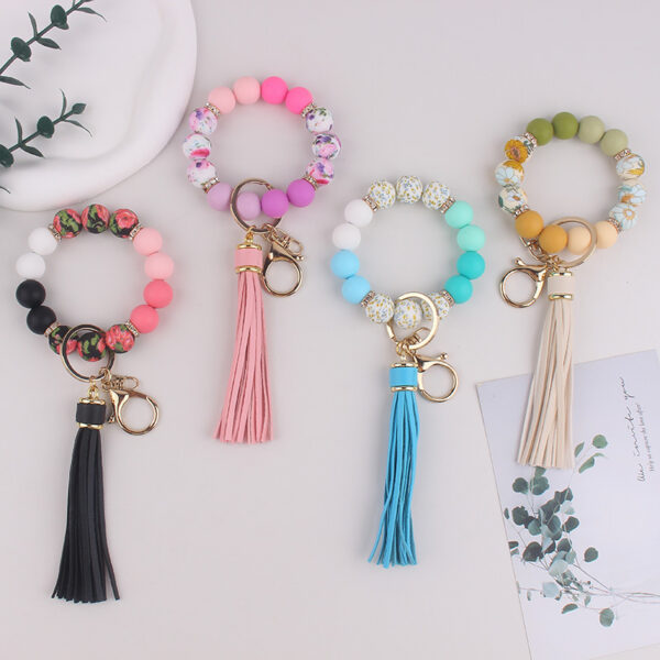 Wholesale Food Grade Silicone Bead Key Bracelet Printed Silicone Wrist Keychain