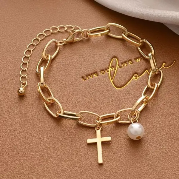 Wholesale Simple Style Cross Heart Shape Artificial Pearl Alloy Plating Gold Plated Women's Bracelets