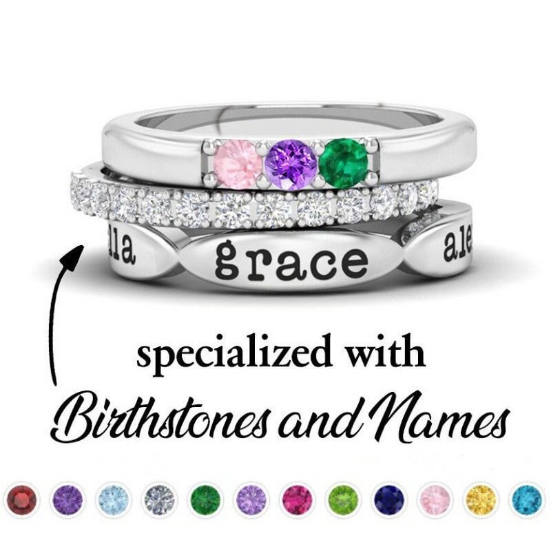 Wholesale European and American cross-border hot selling Mother's Day 12-color birthday stone three-piece combination stacked ring lettering personali