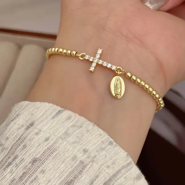 18K Gold Plated Copper Plated Cross Saint Benedict Virgin Mary Elegant Religion Classic Style Ball Chain Bracelets Drawstring Bracelets For Unisex