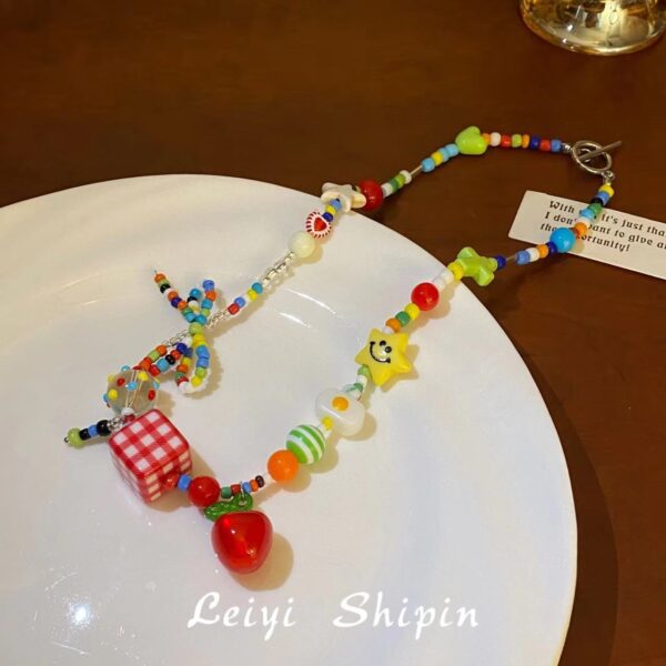 Wholesale Summer Dopamine Color Beaded Necklace Exquisite Niche Sweet Necklace Elegant Bow Clavicle Chain Choker