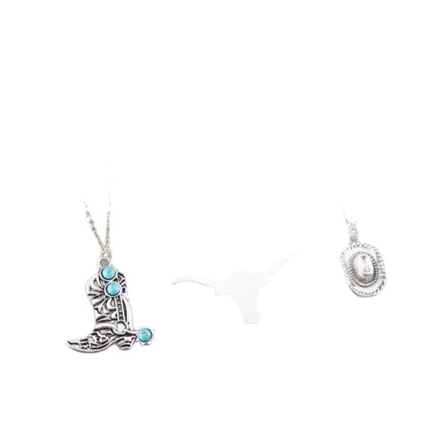 Wholesale Europe and the United States cross-border western Denim retro ethnic style imitation turquoise alloy cow's head war boots hat pendant necklace