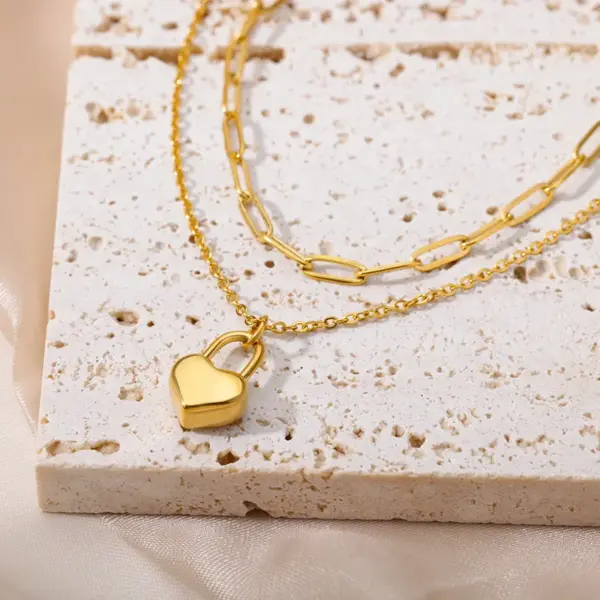 PVD Coated Real Gold Plated 18K Gold Heart Shape 304 Stainless Steel Simple Style Waterproof Non Tarnish 304 Stainless Steel Double Layer Necklaces