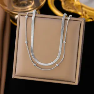 【H165】Blade round Beads Necklace / Steel Color