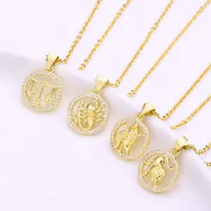 Fashion Twelve Constellation Copper Inlaid Zircon Gold Plated Stainless Steel Pendant Necklace