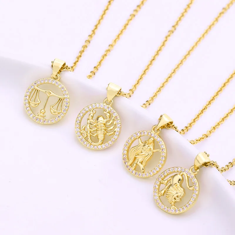 Wholesale Fashion Twee Contion Copper Inlaid Zircon Gold Plated Stainless Steel Pendant Necklace