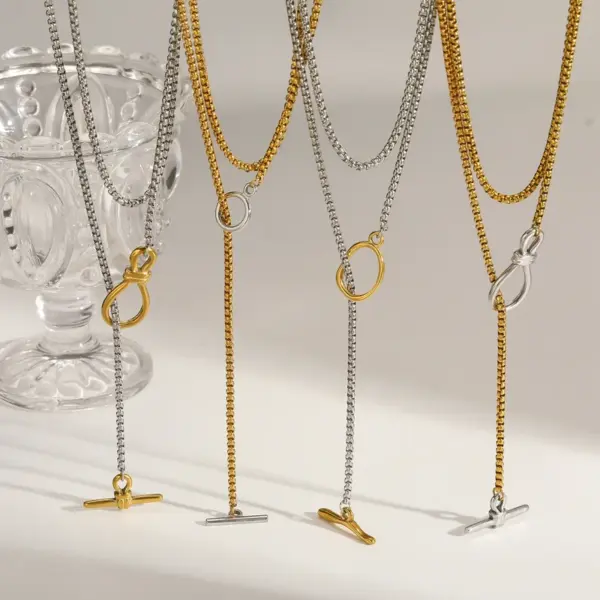 18K Gold Plated 201 Stainless Steel Vacuum Electroplating (In Furnace) Irregular Mixed Color (Jewelry Metal Contrast Color) Box Chain/Square Pearl Chain Double Layer Necklace For Women