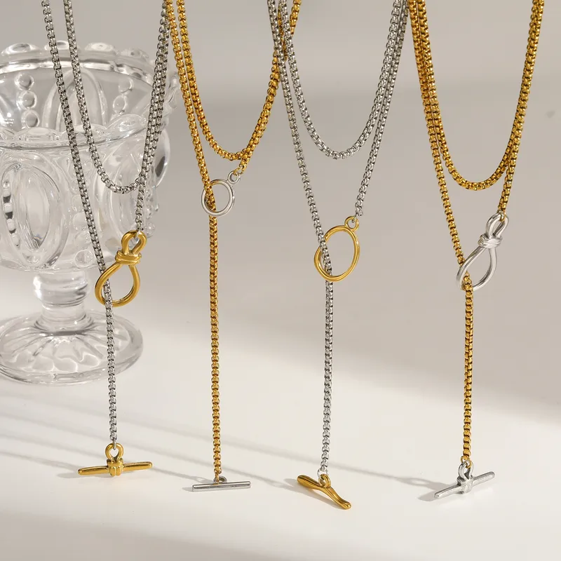 18K Gold Plated 201 Stainless Steel Vacuum Electroplating (In Furnace) Irregular Mixed Color (Jewelry Metal Contrast Color) Box Chain/Square Pearl Chain Double Layer Necklace For Women