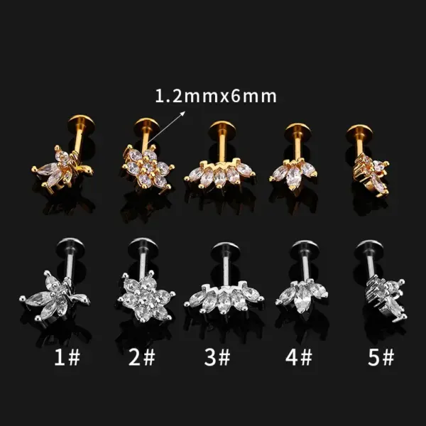 1 Piece Ear Cartilage Rings & Studs Simple Style Crown Butterfly 316L Stainless Steel Waterproof Non Tarnish Surgical Steel Zircon Water Plating Lip Rings Ear Cartilage Rings & Studs