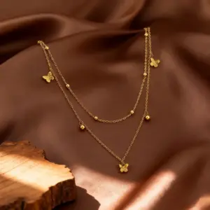 X0370-Double Layer Ancient Butterfly Necklace - Gold