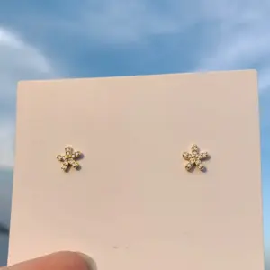 Gold Five Petal Flower Stud Earrings / 925 Silver Needle
