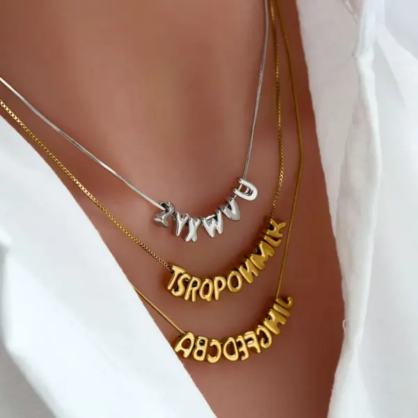 Personalized 304 Stainless Steel Inlaid Zircon 26 English Alphabet Pendant Silver Necklace Chubby Letter Clavicle Chain