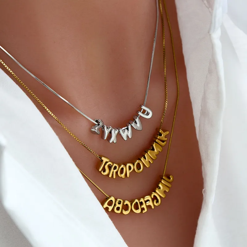 Wholesale Personalized 304 Stainless Steel Inlaid Zircon 26 English Alphabet Pendant Sier Necklace Chubby Letter Clavicle Chain