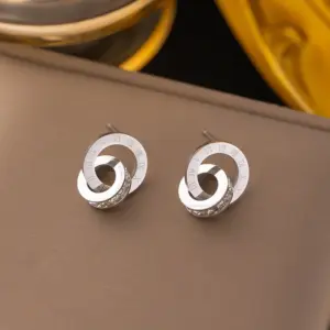 10 [Ag272] Double Ring Stud Earrings / Steel Color