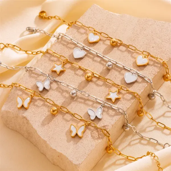 Wholesale 304 Stainless Steel Star Heart Shape Butterfly PVD Coated Acrylic 18K Real Gold Plated IG Style Sweet Waterproof Non Tarnish Inlay Gold Silver Bracelets Anklet