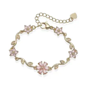 Gold Pink Diamond Petal Branch Leaf Bracelet