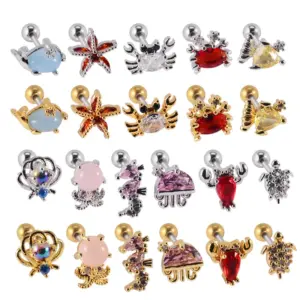 Wholesale 1 Piece Retro Starfish Crab Stainless Steel Copper Inlay Zircon Ear Studs