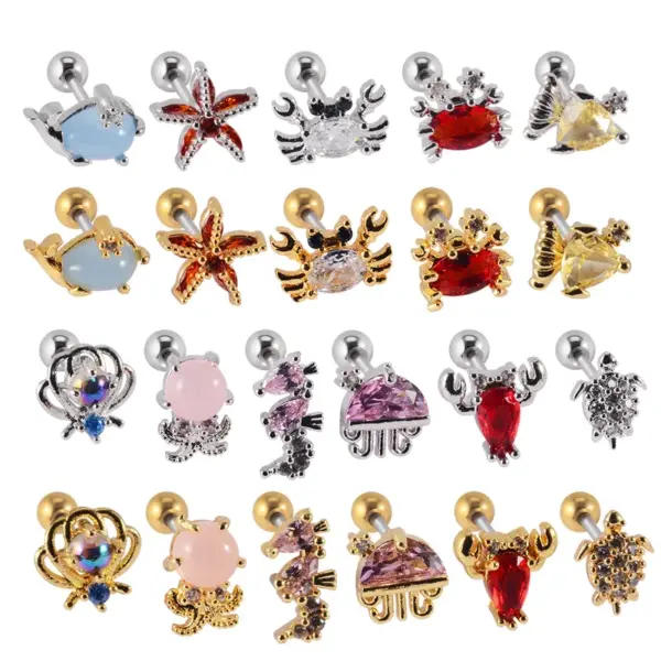 Wholesale 1 Piece Retro Starfish Crab Stainless Steel Copper Inlay Zircon Ear Studs