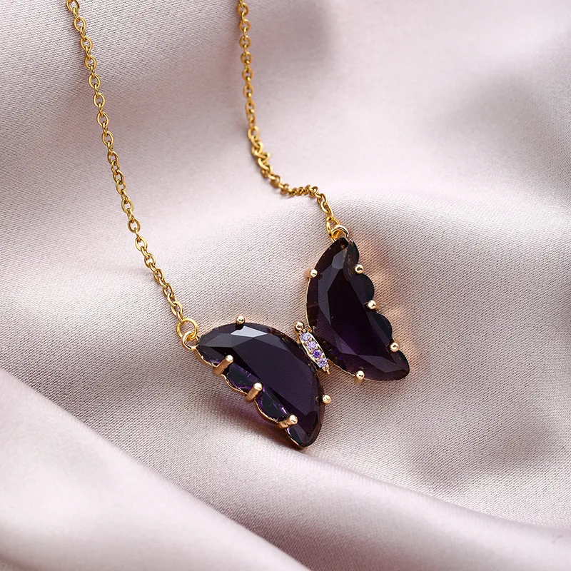 Wholesale 304 Stainless Steel Copper Fashion Inlay Butterfly Crystal Pendant Necklace