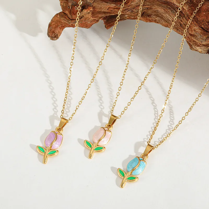 Wholesale Jewelry Elegant Simple Style Flower 304 Stainless Steel 18K Gold Plated Enamel Plating Pendant Necklace Cable Chain