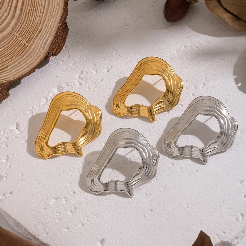 Wholesale Vacuum Electroplating (In Furnace) Plated 18K Real Gold Geometric Irregular Wave Pattern Layered Niche Design Earrings Ear Jewelry 304 Stain