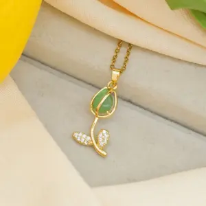Green Cat Eye Tulip Necklace / Gold