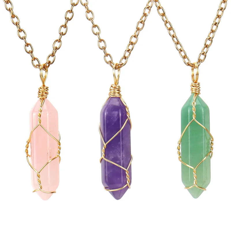 Wholesale Simple Style Hexagon Prism Natural Stone Copper Handmade Pendant Necklace 1 Piece