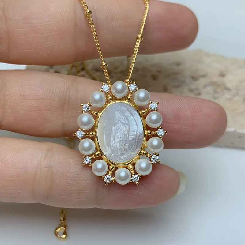 Wholesale Fashion Virgin Mary Copper Inlay Artificial Pearls Shell Necklace 1 Piece