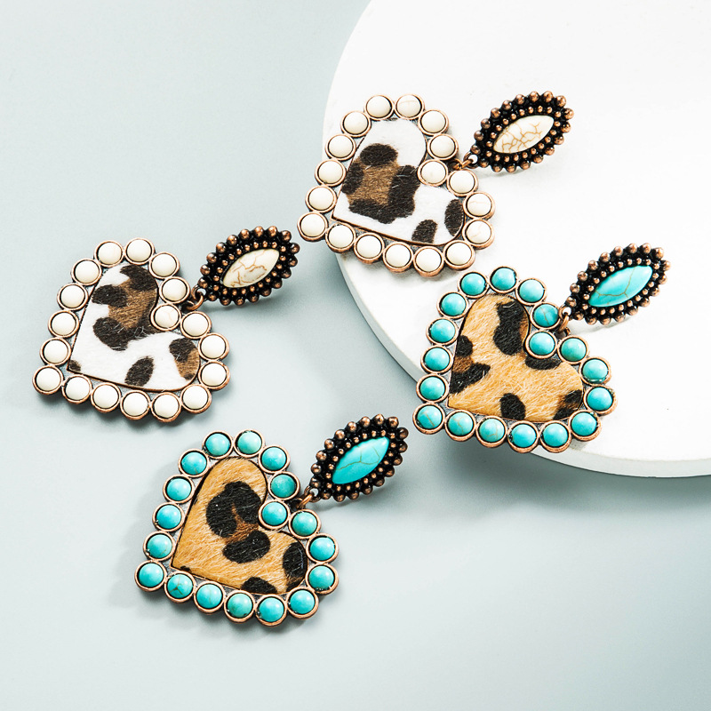 Wholesale Amazon fashion explosions earrings Europe and the United States creative leopard fabric inlaid turquoise love exaerated niche ear jewelry