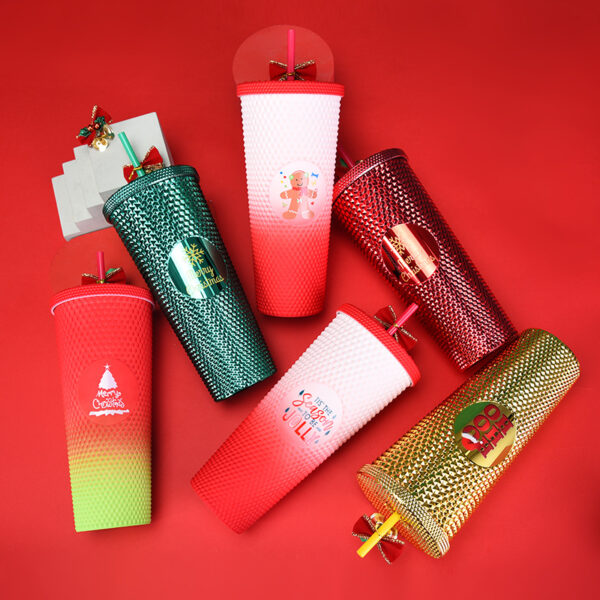 Wholesale 710ml Double Layer Plastic Suction Cup Durian Cup Tie Hand Cup Christmas Gradient Suction Cup