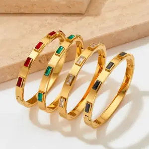 Wholesale Classic Style Rectangle 304 Stainless Steel 16K Gold Plated White Gold Plated Gold Plated Zircon Bangle In Bulk