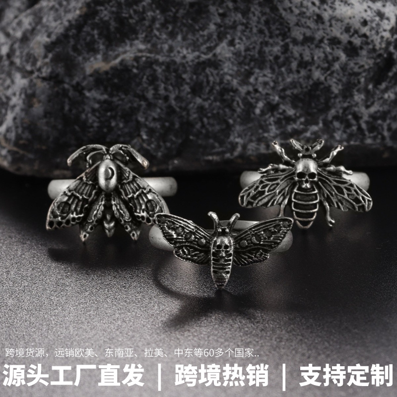 Wholesale Long New Hot Sale Gerst Series Alloy Death Moth Skull Ring Jewelry Adjustable Men's and Women's Jewelry