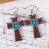 Wholesale Western style leopard plaid turquoise cross wooden double-sided earrings