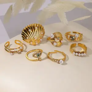 Wholesale PVD Coated Real Gold Plated Eye Butterfly Shell 304 Stainless Steel IG Style Waterproof Non Tarnish Open Rings