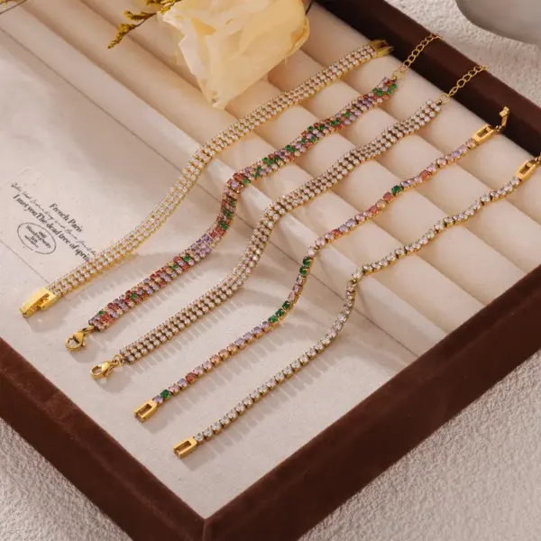 Wholesale 304 Stainless Steel Quadrilateral Round PVD Coated Zircon Real Gold Plated Elegant Simple Style Waterproof Non Tarnish Plating Inlay Tennis Chain Lobster Trigger Clasp Closure Bracelets