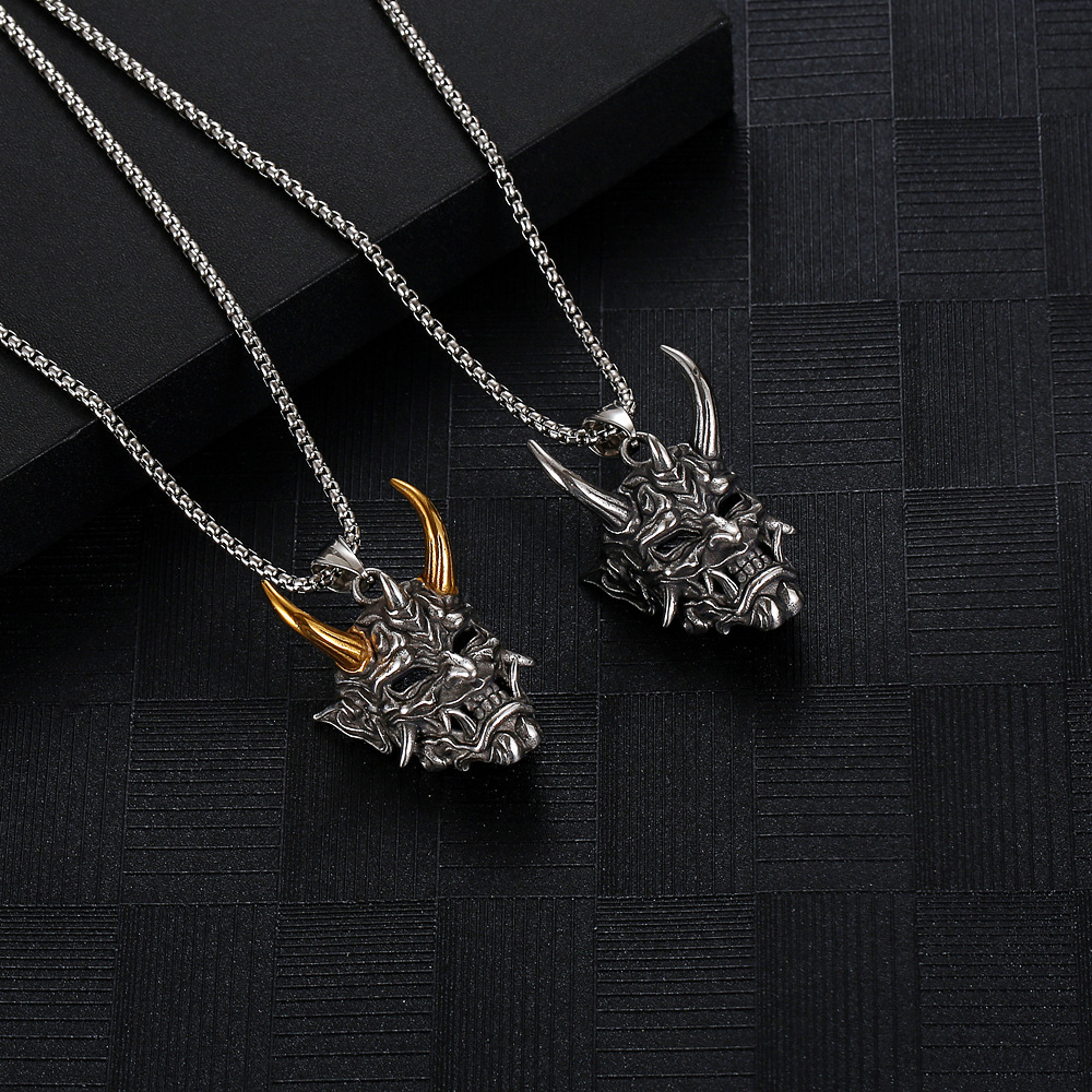 Wholesale Dark Retro Japanese Prajna Mask Necklace Long Horn Big Ghost King Stainless Steel Pendant Personalized Men's and Women's Sweater Chain