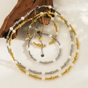 Wholesale Simple Style Round Stainless Steel Imitation Pearl Plating 18k Gold Plated Bracelets Necklace