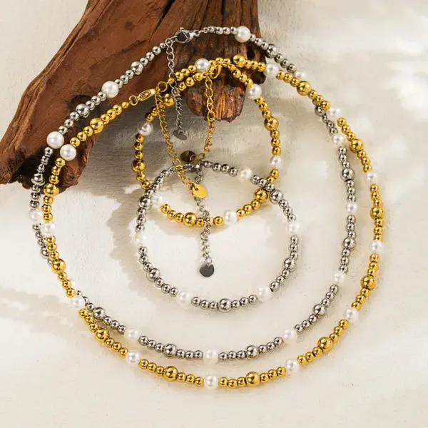 Wholesale Simple Style Round Stainless Steel Imitation Pearl Plating 18k Gold Plated Bracelets Necklace