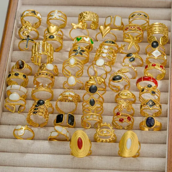 Ion Plating (IP) Geometric Letter 304 Stainless Steel Hip-Hop Punk Streetwear Waterproof Non Tarnish Open Rings