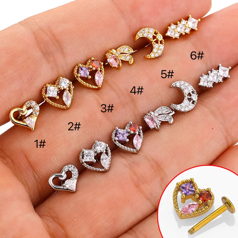 Wholesale 1 Piece Lip Rings Simple Style Moon Heart Shape Flower 316L Stainless Steel Waterproof Non Tarnish Surgical Steel Zircon Ion Plating (IP) 18